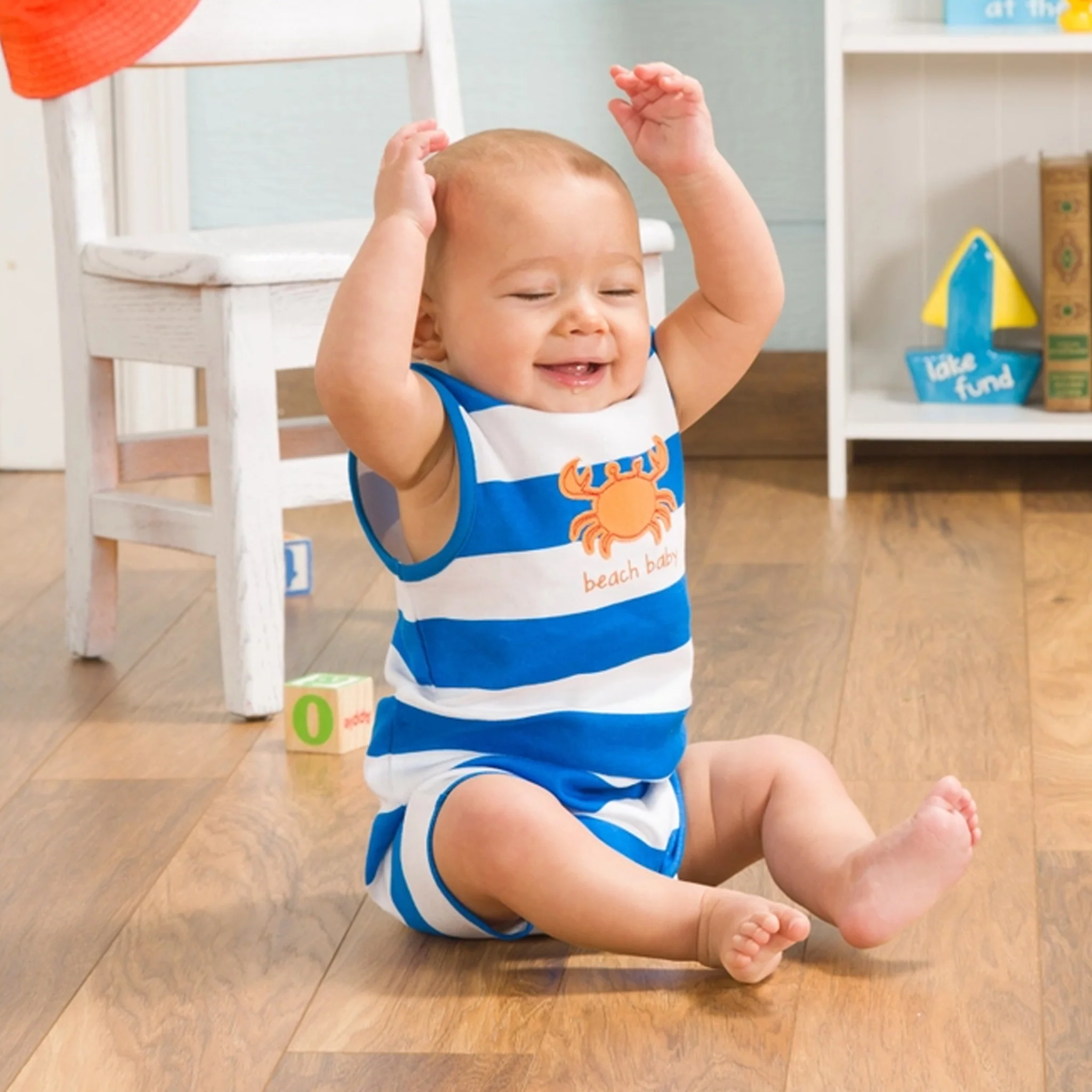 Beach Baby Crab Blue & White Stripes Sleeveless Baby Romper - Image 2