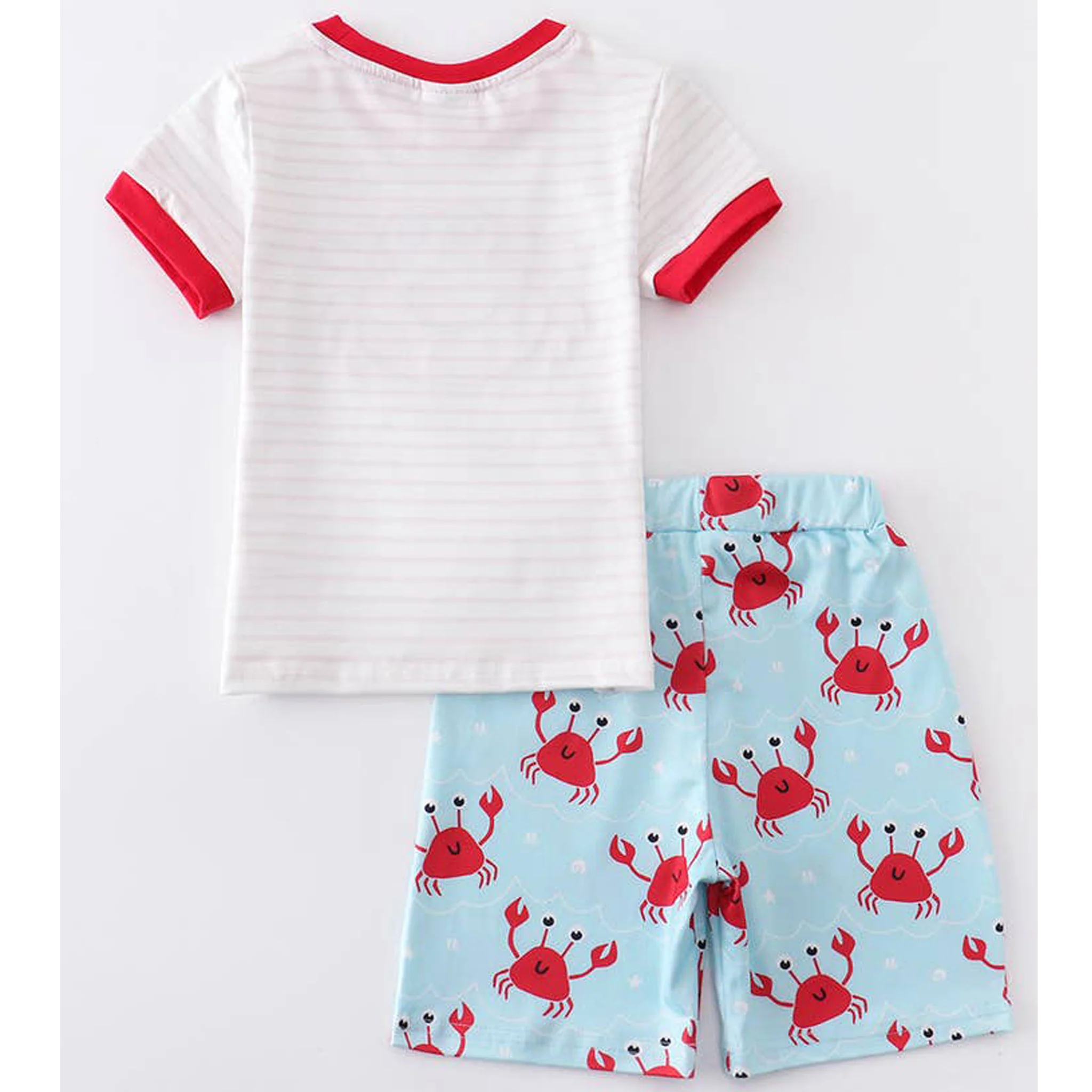 Crab Applique White Stripe Boys Short Set - Image 2