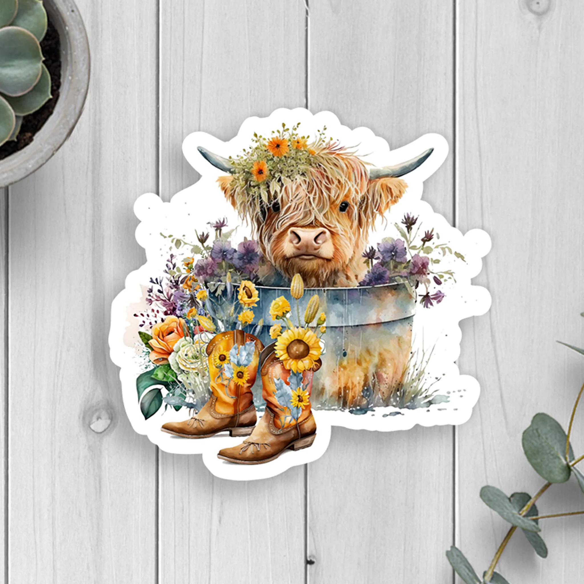 Highland Cow & Flowers Vinyl Sticker - Image 2