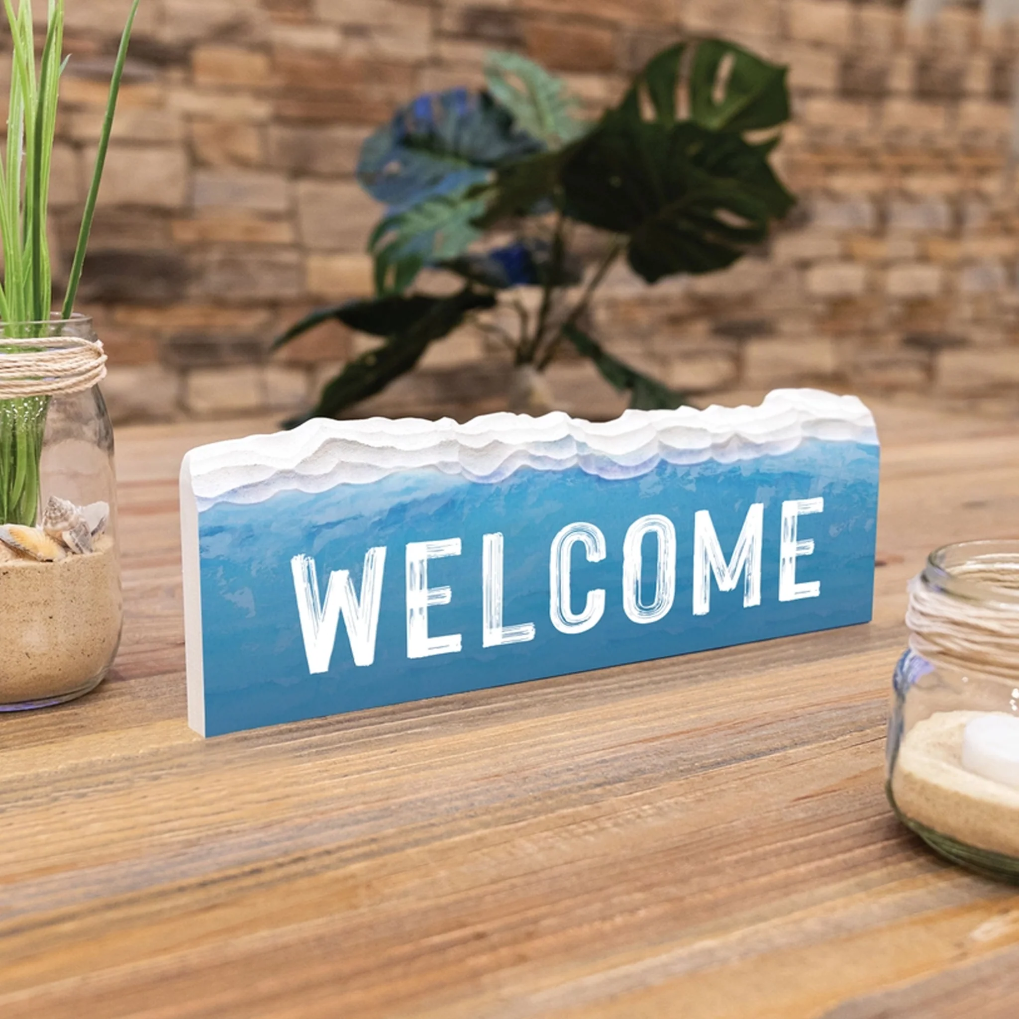 Welcome Waves Tabletop Wood Block Sign - Image 2